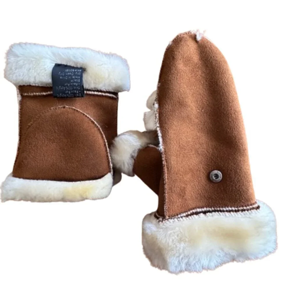 Brown Suede Mittens with Faux Fur Trim, unisex mittens S/M (C42)